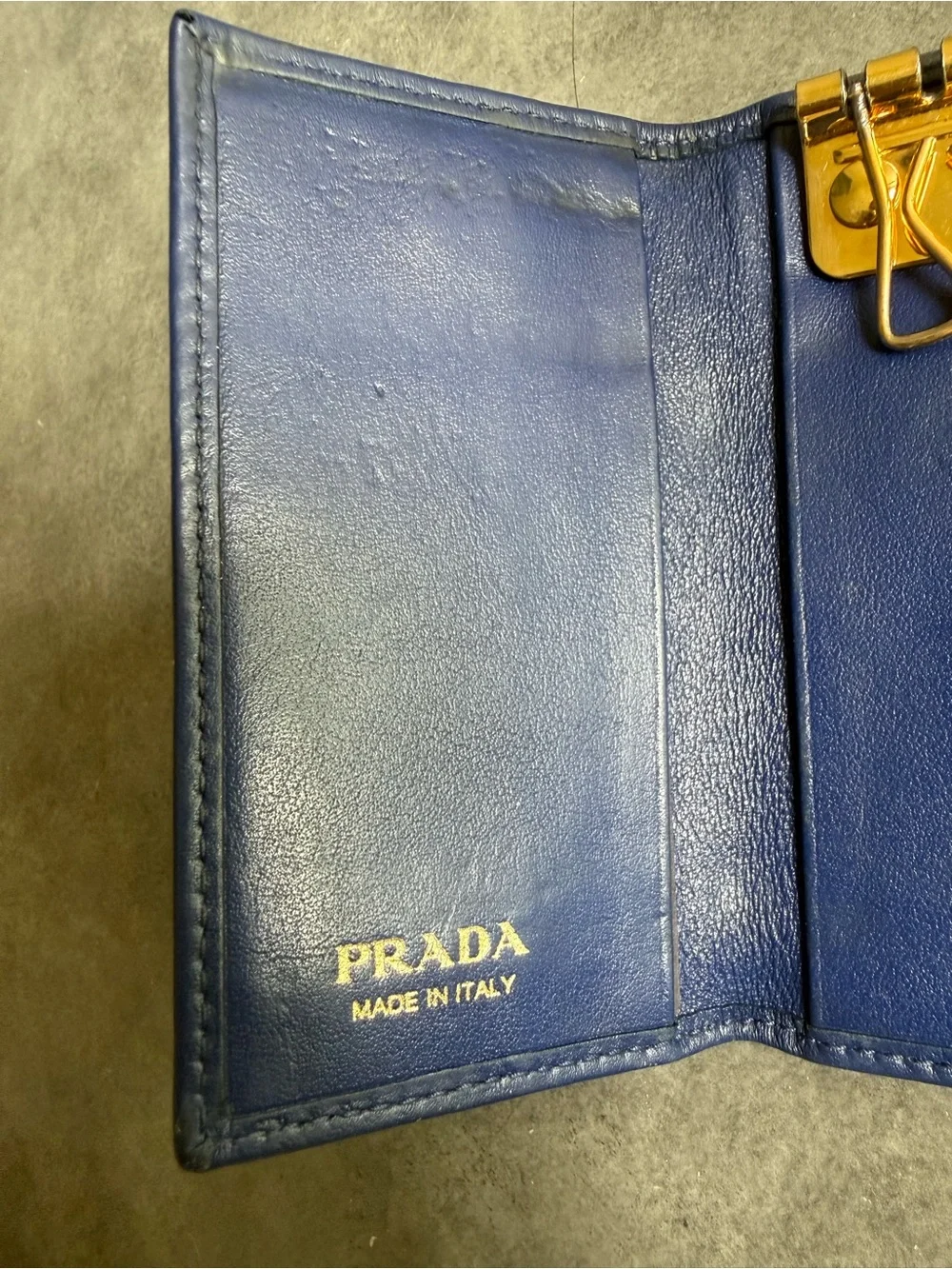 Prada Soft Calf Leather Key Holder Wallet in Blue with Gold Hardware